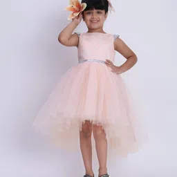 Toy Balloon Kids Net Woven Cap Sleeves Floral Embroidered Sequins Embellished High Low Dress - Peach-picture-28