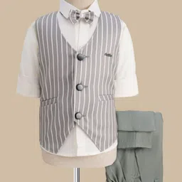 Rikidoos Full Sleeves Striped 3 Piece Party Suit With Bow Set - Olive & White-picture-20