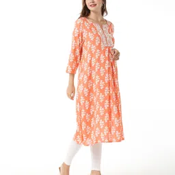 Bella Mama Woven All Over Butti Pleated With Handwork Maternity Kurta With Pocket - Orange image 3