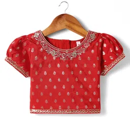 Babyhug Woven Half Sleeves Lehenga Choli & Dupatta Set With Floral Embroidery - Red image 2