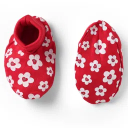 Babyhug 100% Cotton Interlock Knit Mittens & Booties With Floral Print - Red image 3