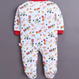 BUMZEE Cotton Knit Full Sleeves Footed Sleepsuits with Stripes & Vehicle Print Pack of 3 - Red & White image 3