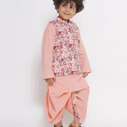 Little Bansi Floral Jacket With Peach Kurta With Pearl Buttons & Dhoti - Peach image 5