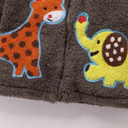 Kookie Kids Full Sleeves Hooded Winter Fur Jacket with Giraffe & Elephant Patch & 3D Applique - Grey image 4