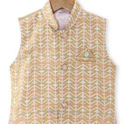 Ridokidz Full Sleeves Solid Kurta & Pyjama With Floral Embroidered Jacket Set - Fawn image 4