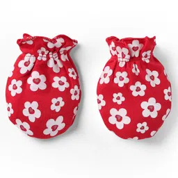 Babyhug 100% Cotton Interlock Knit Mittens & Booties With Floral Print - Red image 4