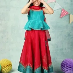 Fabindia Kids Teal Regular Fit Lehenga Choli-image-33