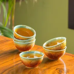 ExclusiveLane Peacock Boulevard Hand-Engraved Microwave Safe Ceramic Katoris (200 ml) - Set of 6-picture-13