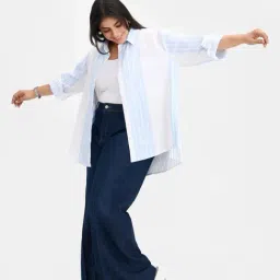 VIRGIO Blue Relaxed Fit Striped Shirt image 5