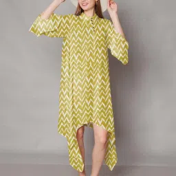 Zink London Green Cotton Printed Assymetric Dress image 4