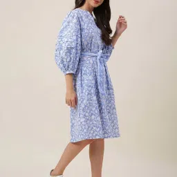 Fabindia Blue Cotton Printed A-Line Dress image 4