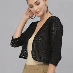 Style Quotient Women Black cotton self design lace crop open front shrug image 3