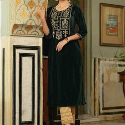 Juniper Floral Yoke Design Round Neck Thread Work Velvet Straight Kurta-picture-25