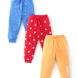 Babyhug Cotton Knit Full Length Lounge Pant Star Print Pack Of 3 - Orange Red & Blue-picture-22