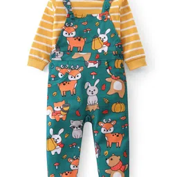 Babyhug Single Jersey Knit Full Sleeves Striped T-Shirt & Dungaree with Animal Print - Yellow & Green-picture-32