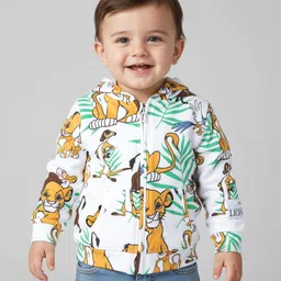 Babyhug Disney Terry Knit Full Sleeves Hooded Sweatjacket With Simba & Friends Print Kangaroo Pockets - White-image-79