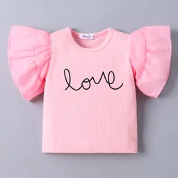 Mark & Mia Cotton Flutter Sleeves Textured Top with Love Text Print- Pink image 1