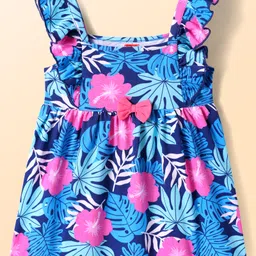 Babyhug Cotton Woven Frill Sleeves Frock with Floral Print & Bow Applique - Navy Blue-picture-10