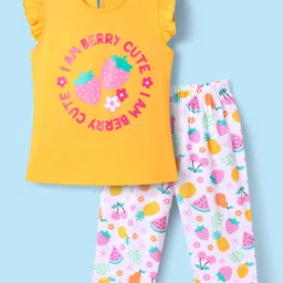 Babyhug Cotton Knit Sleeveless Capri Nightsuit With Strawberry Print - White & Yellow-picture-13