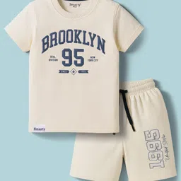 Smarty Boys Sinker Knit Half Sleeves T-Shirt and Shorts Set With Brooklyn Text Print - Cream-picture-37