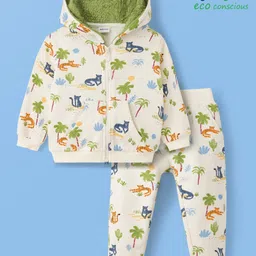 Babyoye Terry Knit Full Sleeves Winter Wear Hooded Jacket & Joggers Set With Animal Print & Kangaroo Pocket - White & Green-picture-18