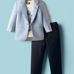 Dapper Dudes Full Sleeves Textured Blazer With Typography Printed Tee & Pant Set - Sky Blue-picture-27