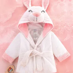 Babyhug Cotton Terry Woven Full Sleeves Hooded Bathrobe with Bunny Embroidery - White-image-88