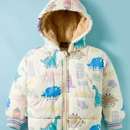 Little Kangaroos Woven Full Sleeves Padded Hooded Jacket With Dino Print - Beige-image-58