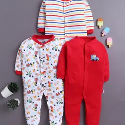 BUMZEE Cotton Knit Full Sleeves Footed Sleepsuits with Stripes & Vehicle Print Pack of 3 - Red & White-image-69