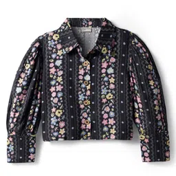 CrayonFlakes Cotton Woven Full Puffed Sleeves Floral Printed Shirt Style Crop Top - Black-image-46