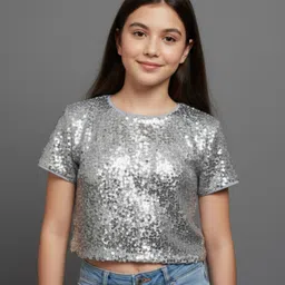 TeenTrums Knit Half Sleeves Sequins Embellished Crop Top - Silver-picture-27