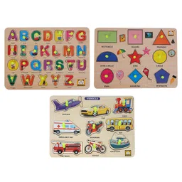 MINDMAKER Wooden Puzzle with Knobs Educational and Learning Toy for Kids (Alphabets+Shapes+Body Parts+Transport) image 2