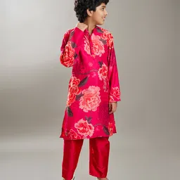 Bittu by bhama Silk Woven Full Sleeves Floral Printed Kurta Pyjama Set - Pink image 4