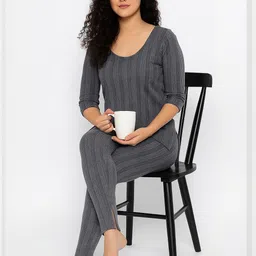 TRENDY RABBIT Women Striped Scoop Neck Thermal Set-image-91