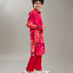 Bittu by bhama Silk Woven Full Sleeves Floral Printed Kurta Pyjama Set - Pink image 5