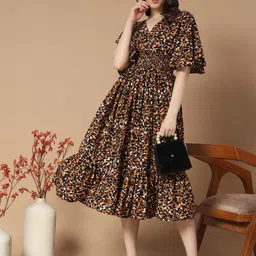 Femvy Women Animal Printed V-Neck Smocked Flared Sleeves Wrap Midi Dress-picture-12