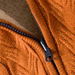 Yellow Apple Full Sleeves Front Open Hooded Sweater With Cable Knit Design - Rust Orange image 5