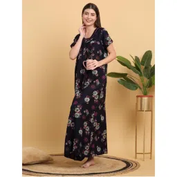 Sweet Dreams Women Navy Blue Floral Printed Round Neck Nightdress-picture-36