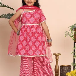 Cutiekins Girls Printed One Shoulder Gotta Patti A-Line Kurta With Palazzos & Dupatta-picture-26