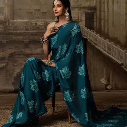 Sangria Floral Embroidered Pure Crepe Designer Saree image 4