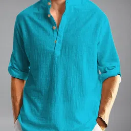 KNOWTED Band Collar Roll-Up Sleeves Straight Short Kurta-picture-15