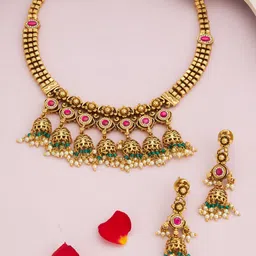 Kushal's Fashion Jewellery Ruby-Green Gold-Plated Ethnic Antique Jewellery Set image 2
