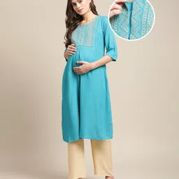 Bella Mama 3/4th Sleeves Maternity Ethnic Kurta - Teal-picture-15