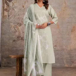 Anouk Floral Embroidered V-Neck Pure Cotton Straight Kurta With Trousers & Dupatta-image-13