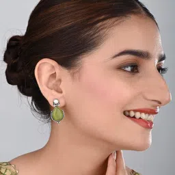 Anvik Silver Plated Artificial Stones and Beaded Oxidised Contemporary Drop Earrings image 5