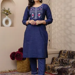 Auzanoor Collection Floral Embroidered Thread Work Pure Cotton Straight Kurta &Trousers-image-43