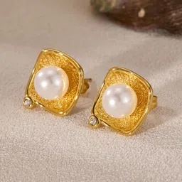 VIEN Stainless Steel Gold-Plated Pearls Beaded Square Studs image 4