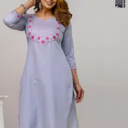 AUZAAI COLLECTION Pack Of 2 Embroidered Round Neck Thread Work Pure Cotton Straight Kurta-picture-19