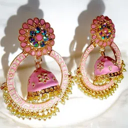 M55 Artificial Stones Studded And Beaded Circular Shaped Drop Earrings image 3