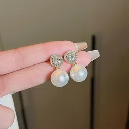 Celestique Cubic Zirconia Studded Pearl Beaded Circular Shaped Drop Earrings image 3